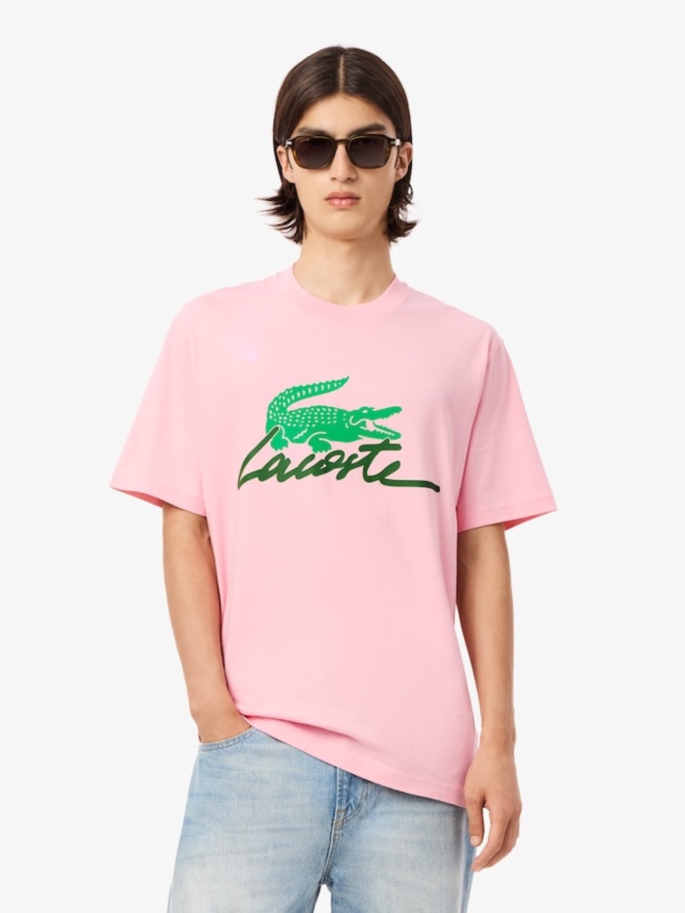 Lacoste Pink Short-Sleeve Tee with Green Crocodile Script